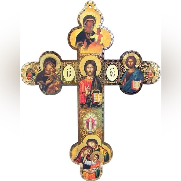 Other - Religious Icon Cross with Gold Accents Christ The Teacher with Our Lady of Kazan